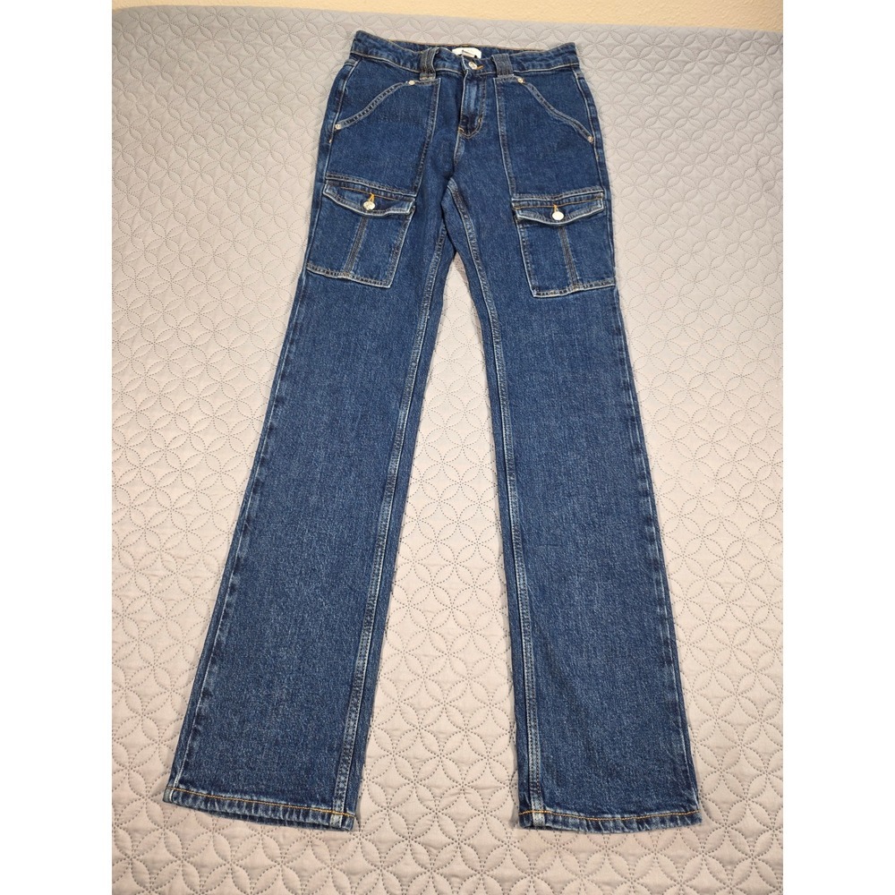 Forever 21 Premium Mid Rise Bootcut Cargo Jeans Dark Wash Blue Size 27 Utility - Picture 1 of 8